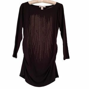 Kenneth Cole Black Long Ruched Top with Gold Beads